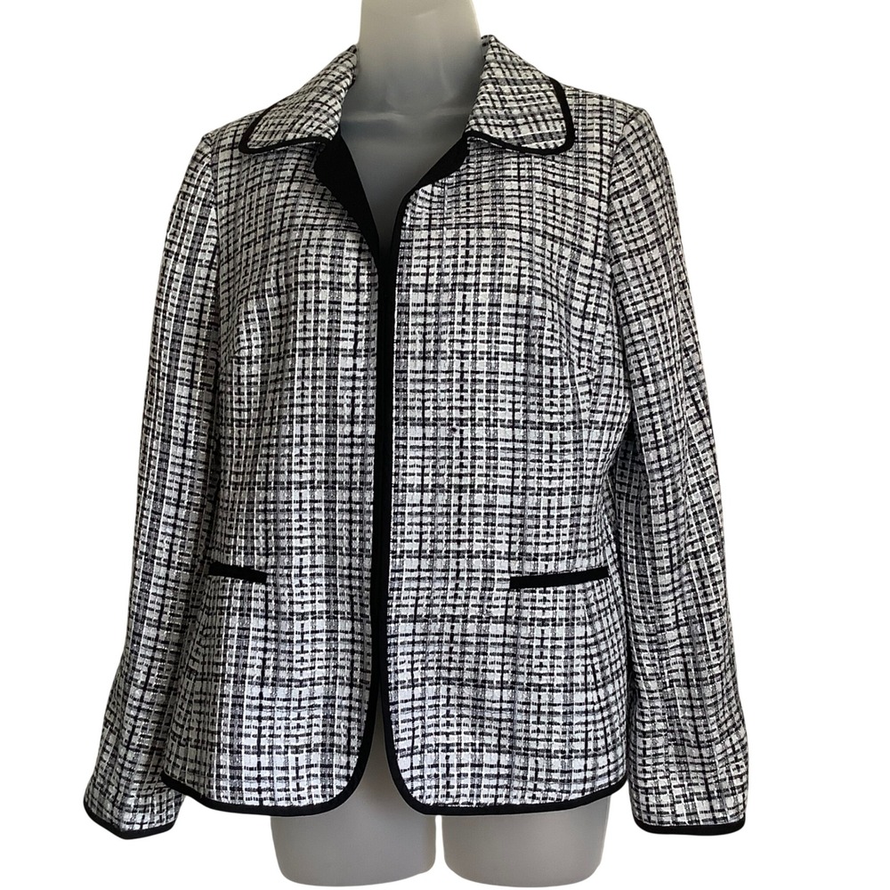 Pendleton Black White Tweed Grid Blazer Jacket Contrast Trim Size 12